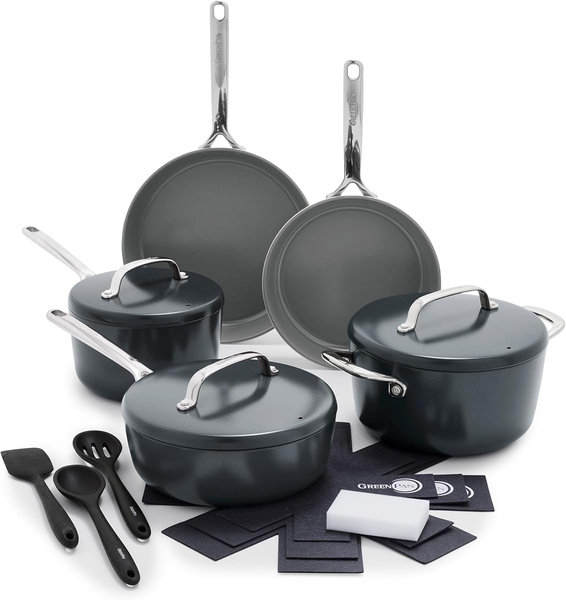 GP5 Hard Anodized Healthy Ceramic Nonstick 14 Piece Cookware Pots and Pans Set,Heavy Gauge Scratch Resistant,Stay-Flat Surface, Induction, Mirror Finish Handle,Oven Safe,PFAS-Free,Slate