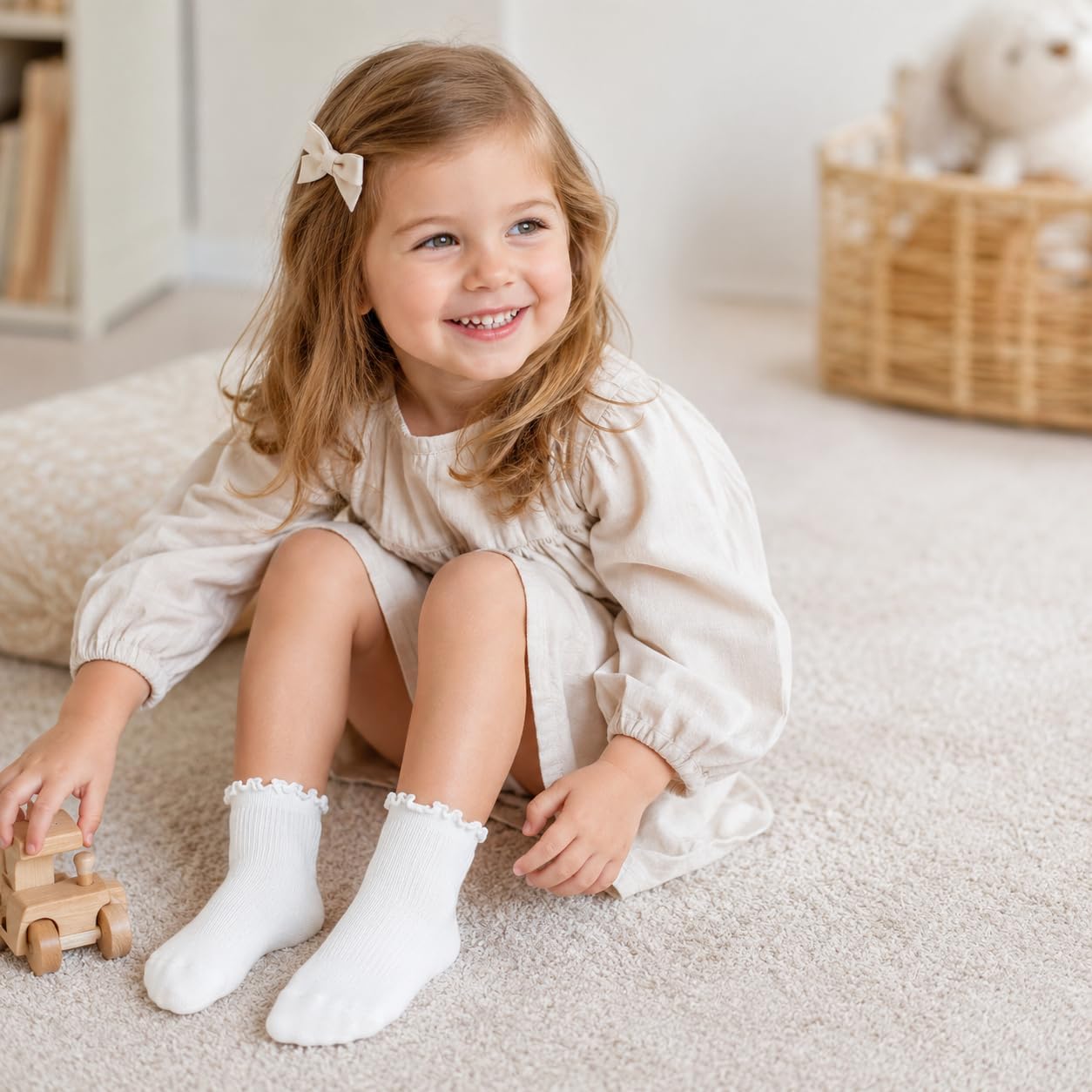 5 Pairs Toddler Girls White Ruffle Mid-Calf Socks, Soft Frilly Socks for Ages 3-5