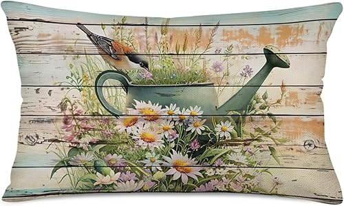 Fukeen Funda de almohada rústica de madera vintage con flores coloridas pájaros y mariposas, de algodón, lino de 12 x 20 pulgadas, con diseño retro