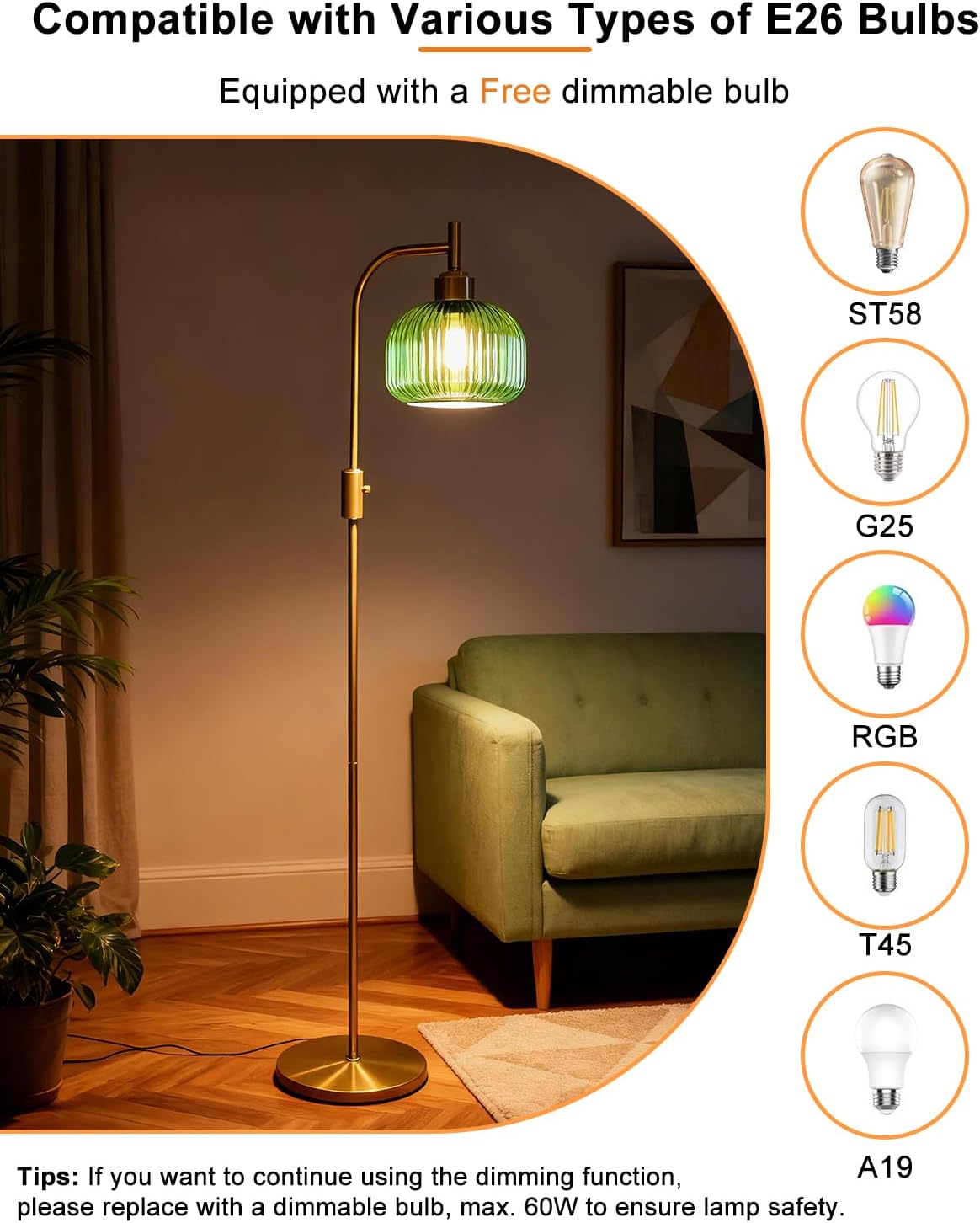 Lightdot 64IN Glass Floor Lamp for Living Room, Dimmable Modern Standing Lamps with Emerald Green Ribbed Glass Lampshade&(Bulb Included), Industrial Floor Lamp for Bedroom Office/