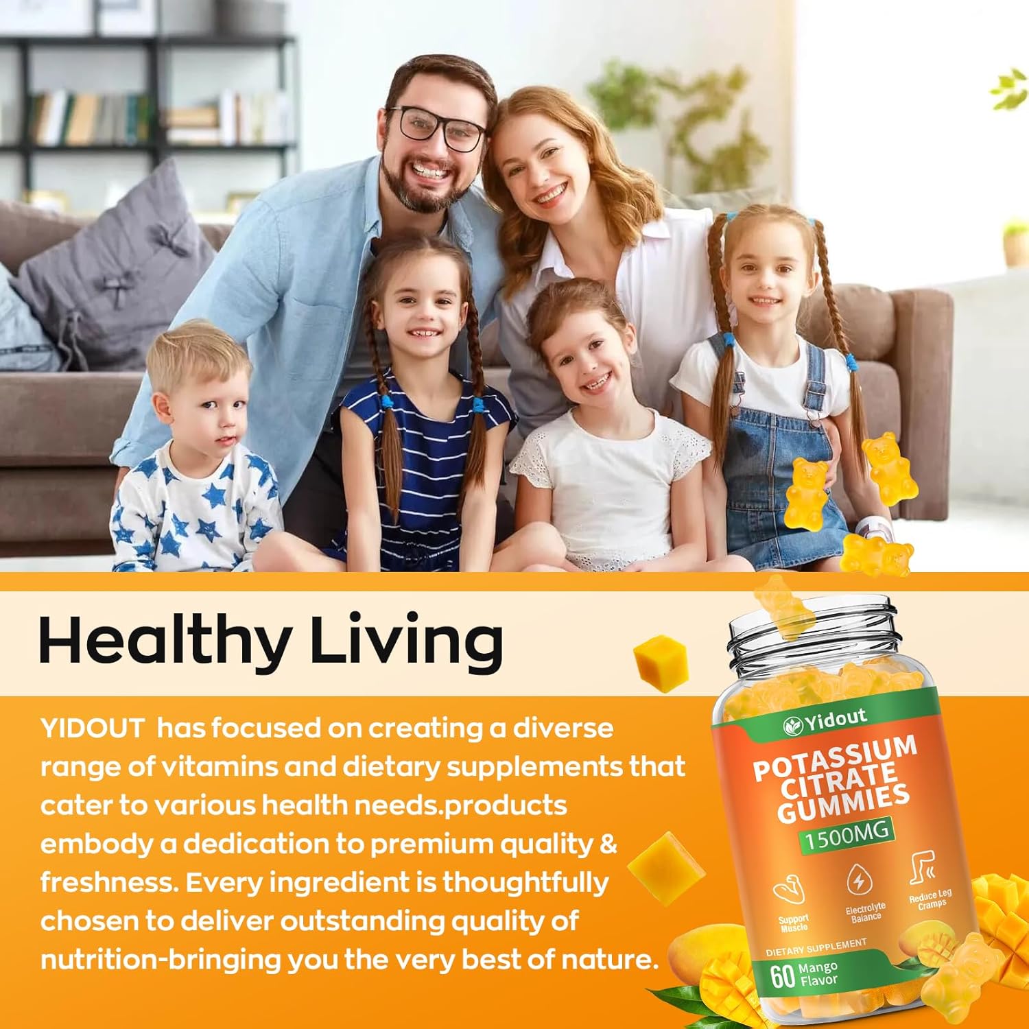 Potassium Citrate 1500mg Gummies-Support Leg Cramps & Muscle Health, Potassium Gummies for Adults & Kids,Vegan, Non-GMO, Mango Flavor (60 Count（Pack of 1）) - Image 6