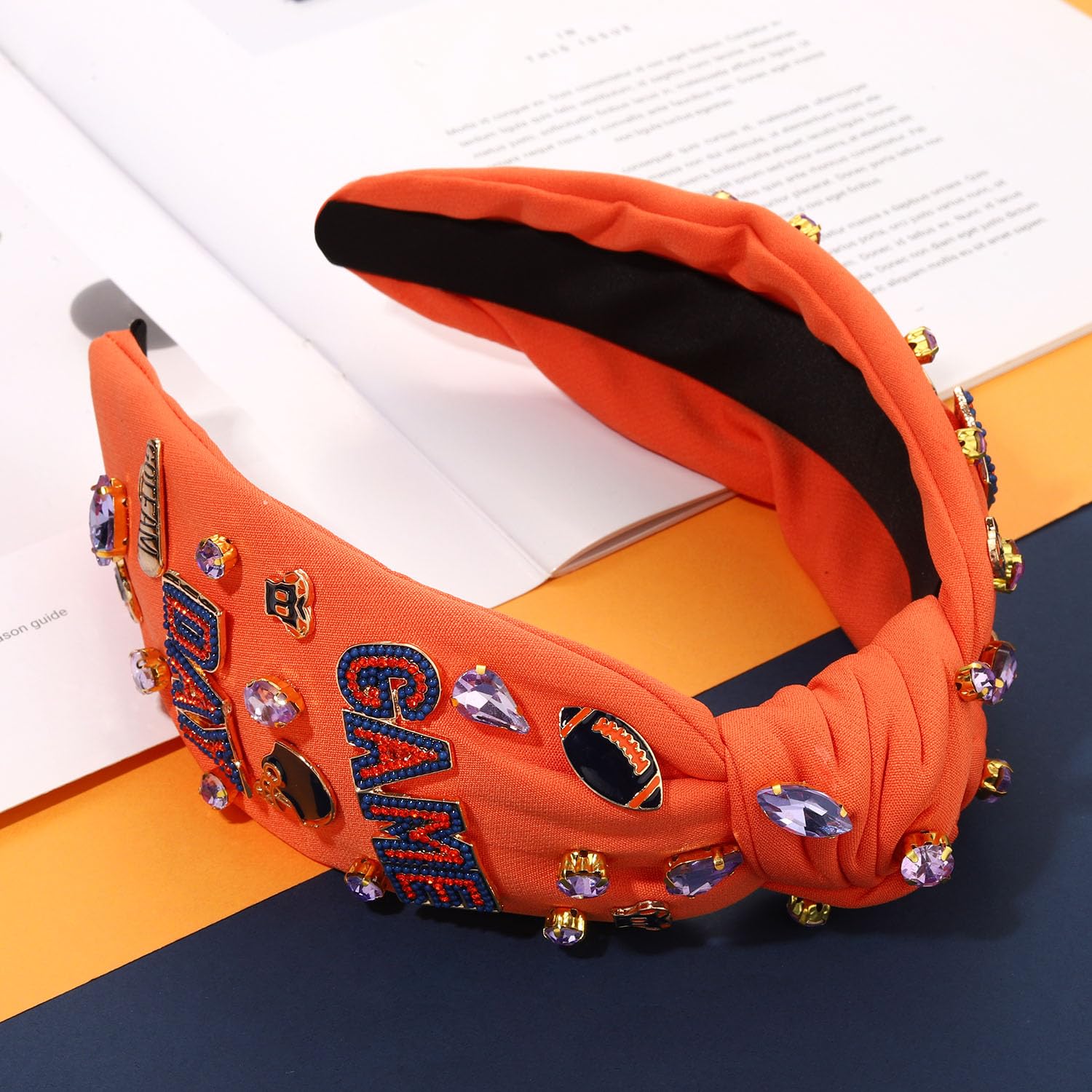 Football Headband for Women Football Accessories Beaded Football Rhinestone Crystal Knotted Headband Jeweled Embellished Game Day Top Knot Hairband Football Mom Hair Accessories (D-Orange Blue) - Image 2