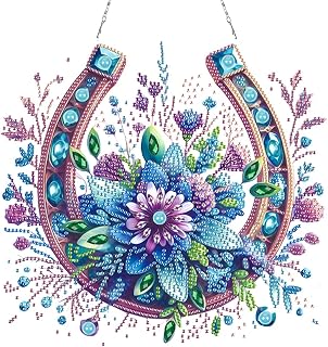 C‘eitura DIY Acrylic Blue Purple Flower Horseshoe Big Gem Diamond Painting Hanging Ornament Kit, 5D Special-Shaped Crystal Drill Art Craft, Home Window Wall Decor Pendant for Adults Beginer