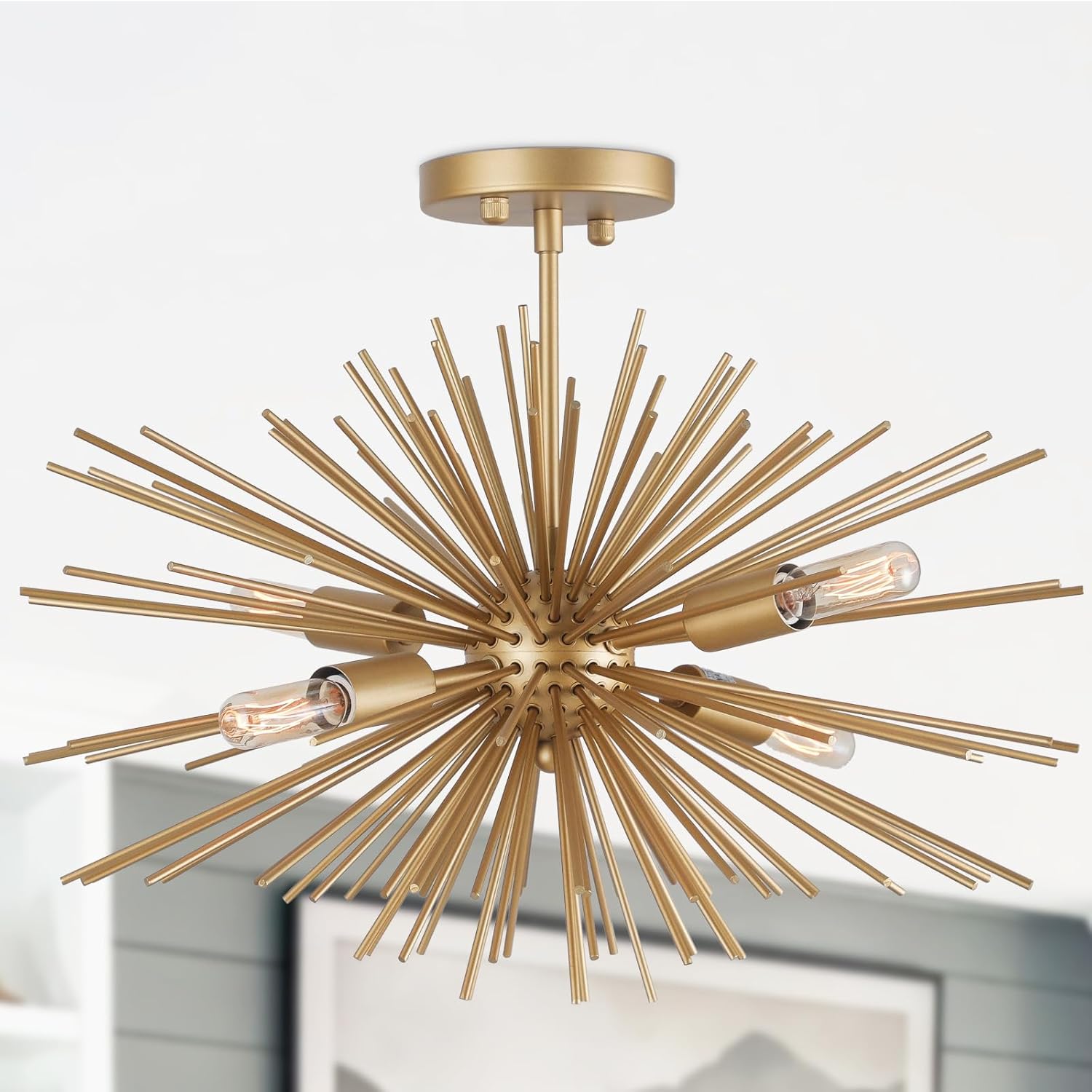 Modern Sputnik Chandelier Ceiling Light Fixture,4-Light Gold Semi Flush Mount Ceiling Light,20in Solid Metal Starburst Satellite Urchin Chandelier for Entry Dining Room Bedroom Kitchen Foyer