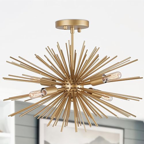 Moderna lámpara Sputnik dorada de 20 pulgadas, 4 luces, moderna lámpara de techo semiempotrada de metal sólido dorado Starburst Sputnik Candelabro