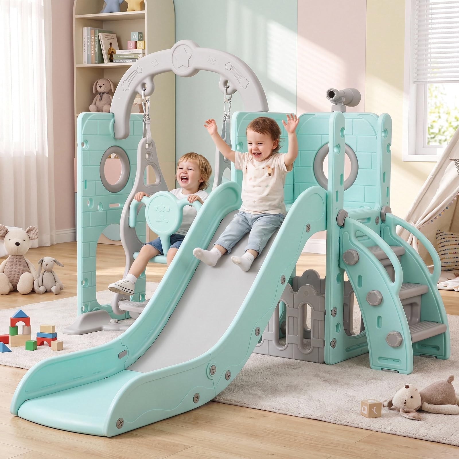 Tobogán y Columpio, Parque Infantil 5 en 1, con Tobogán Largo, Columpio, Escalada, Telescopio de Juego, Almacenamiento, Tobogán para Interior y Exterior, Juego de Tobogán para Bebé, Verde Gris