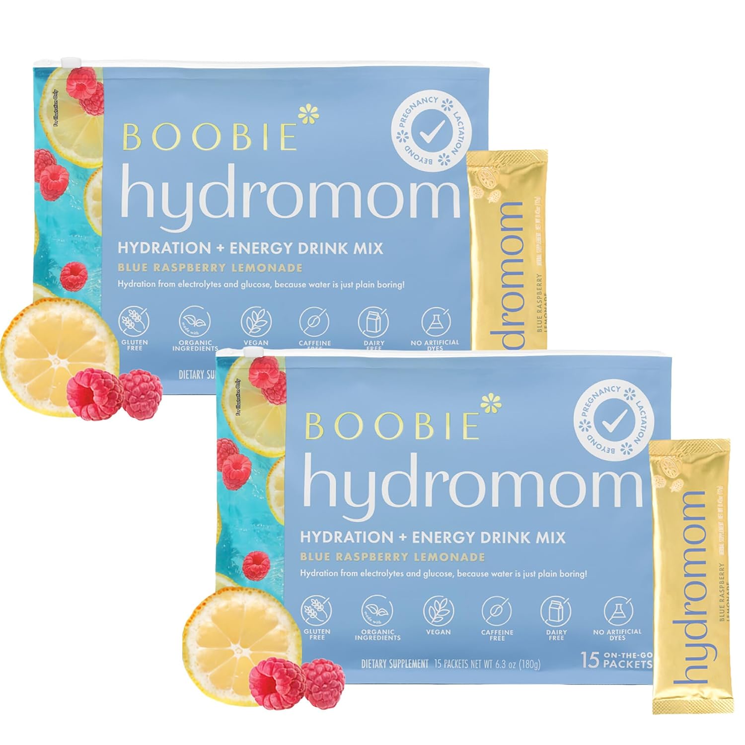 Boobie Hydromom Superfood Electrolyte Drink Mix, Blue Raspberry Lemonade | Refreshing Energy & Hydration Boost for Mamas | On-The-Go & Travel Essentials for Pregnancy, Lactation, & Beyond - 2 Pack
