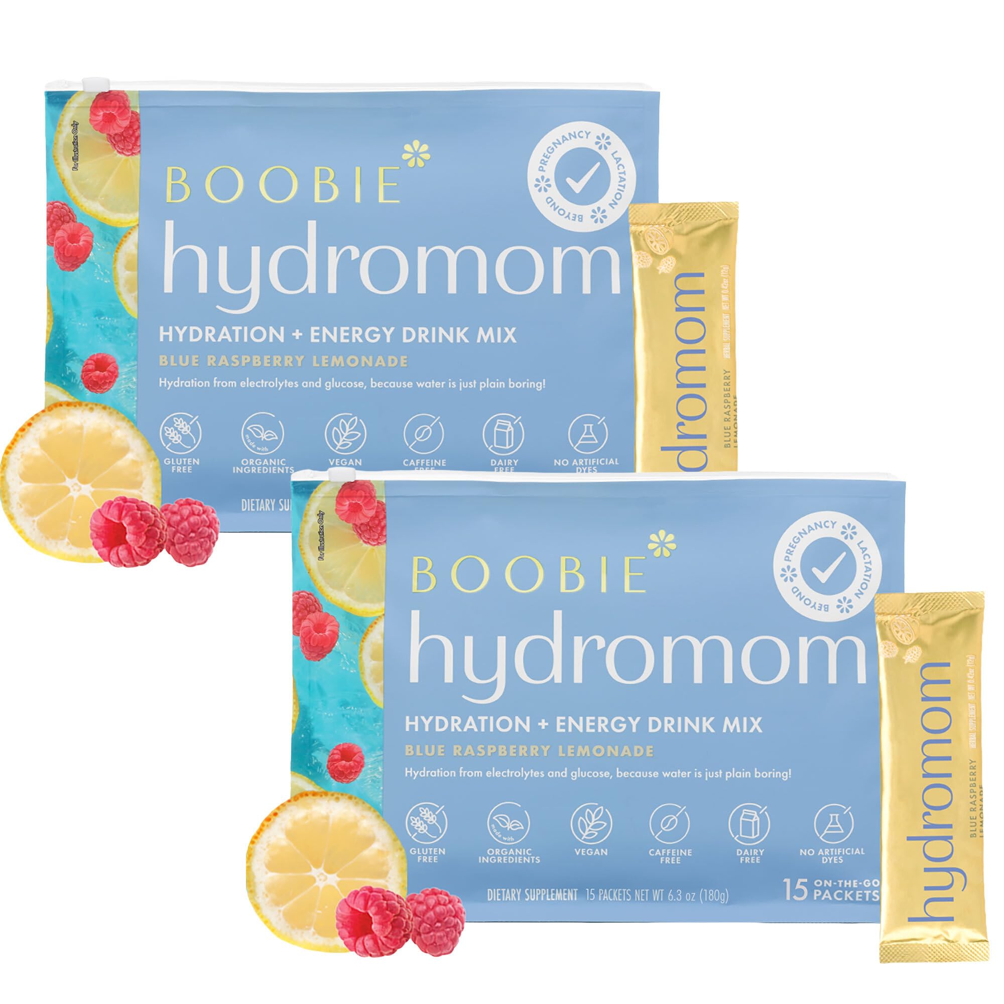 Boobie Hydromom Superfood Elektrolyt-Getränkemischung, blaue Himbeer-Limonade, erfrischender Energie- und Hydratationsschub für Mamas, Unterwegs- und Reiseutensilien für Schwangerschaft, Stillzeit und