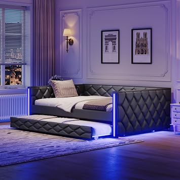Full XL Size Upholstered Daybed with Trundle and LED, Faux Leather Sofa Couch Day Bed with Headboard, Space Saving, for Kids Boys Girls Adults, Black