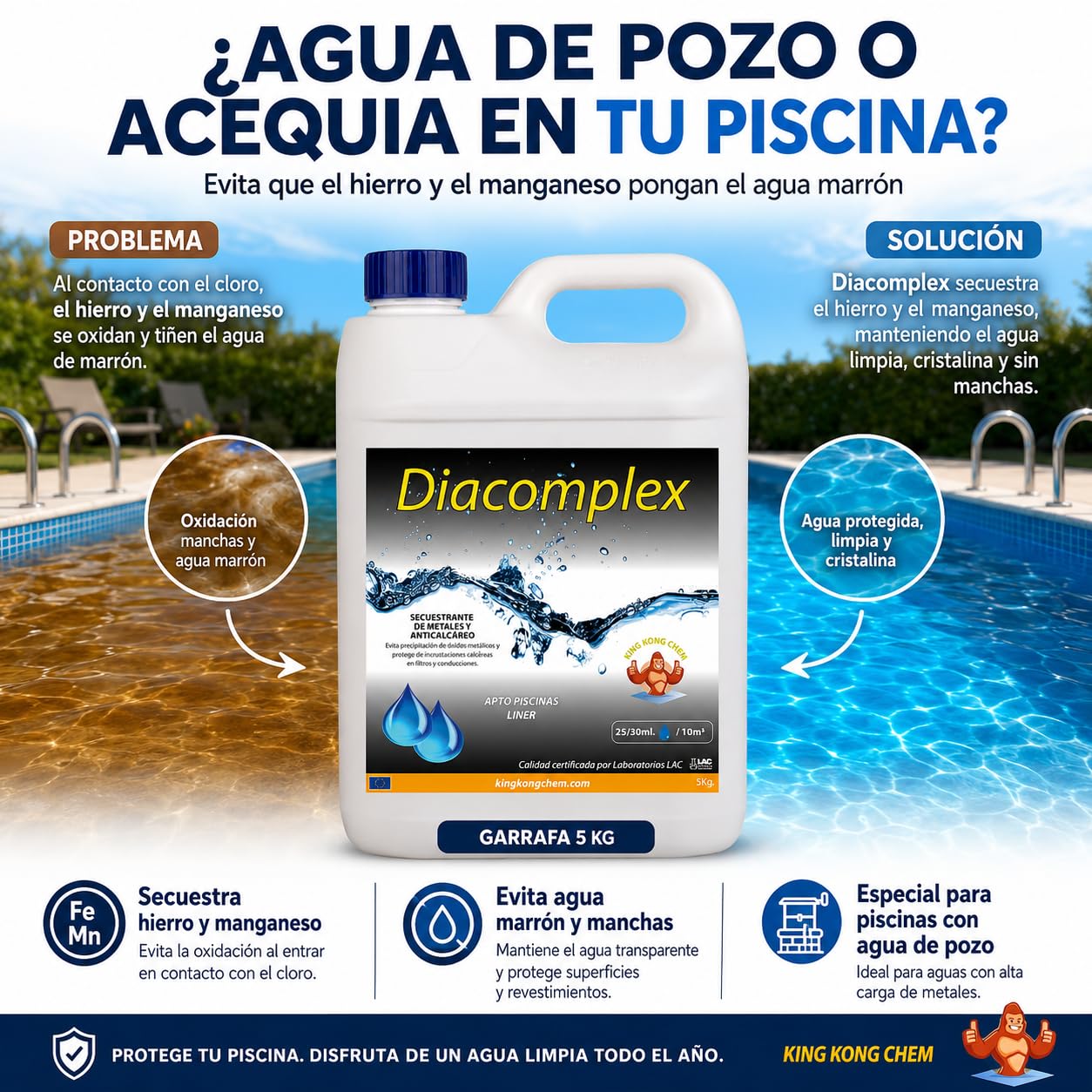 Diacomplex 5 litros - SECUESTRANTE DE Metales (Hierro, Calcio, manganeso...) Y ANTICALCÁREO para Piscina. Ideal para el Uso en Aguas Que se vuelven Marrones al echar el Cloro