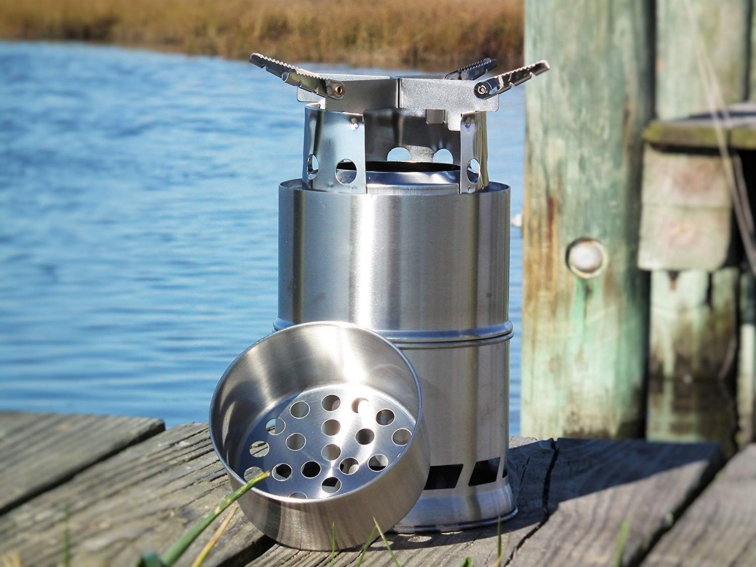 SoLoMan King Stove Largest folding wood burning stove light weight compact design for survival, camping, backpacking, emergency preparation with Solid Alcohol Tray