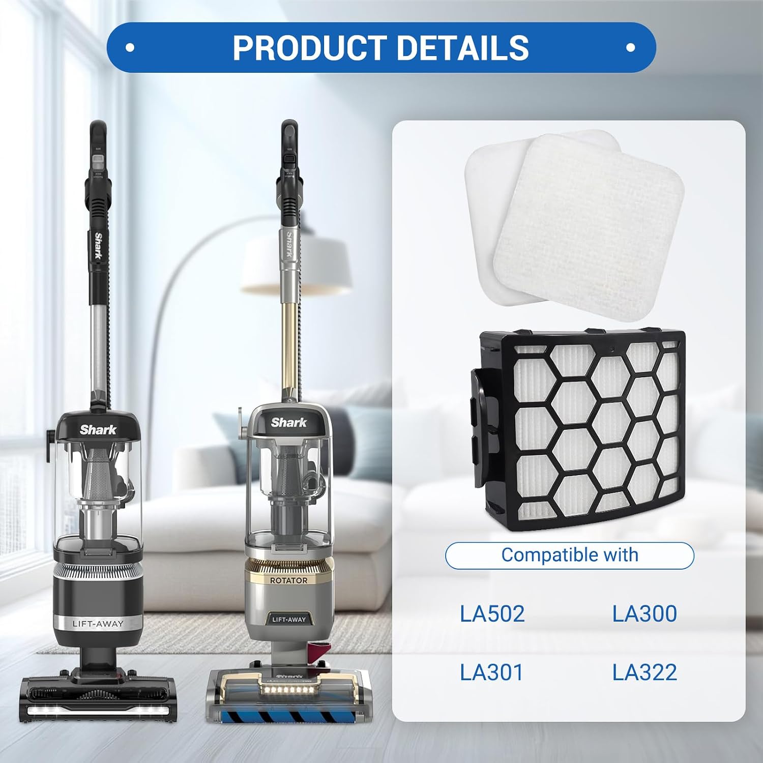 Filter Replacement for Shark LA300 LA301 LA322 LA351 LA500 LA502 LA555 LA360 LA362 LA401 LA455 LA702 Rotator Lift-Away ADV DuoClean PowerFins Upright Vacuum, Part XFFK320 &XHF320, 2 Hepa 4 Foam 4 Felt - 3