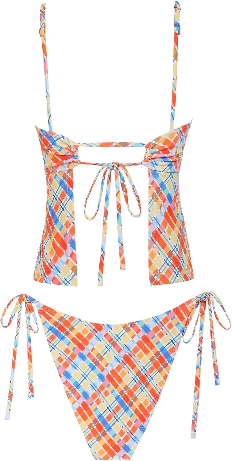 seamoly Women's Tankini Sets Sexy Open Back Two Piece Swimsuit High Cut Side Tie Thong Bathing Suit Floral Gingham Bikini - Image 2