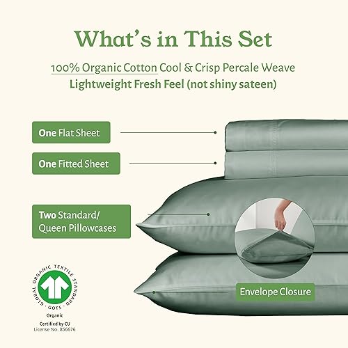 Vista 128 de California Design Den - Juego de sábanas tamaño individual, percal de 100% algodón orgánico fresco y suave, con esquinas profundas, transpirables