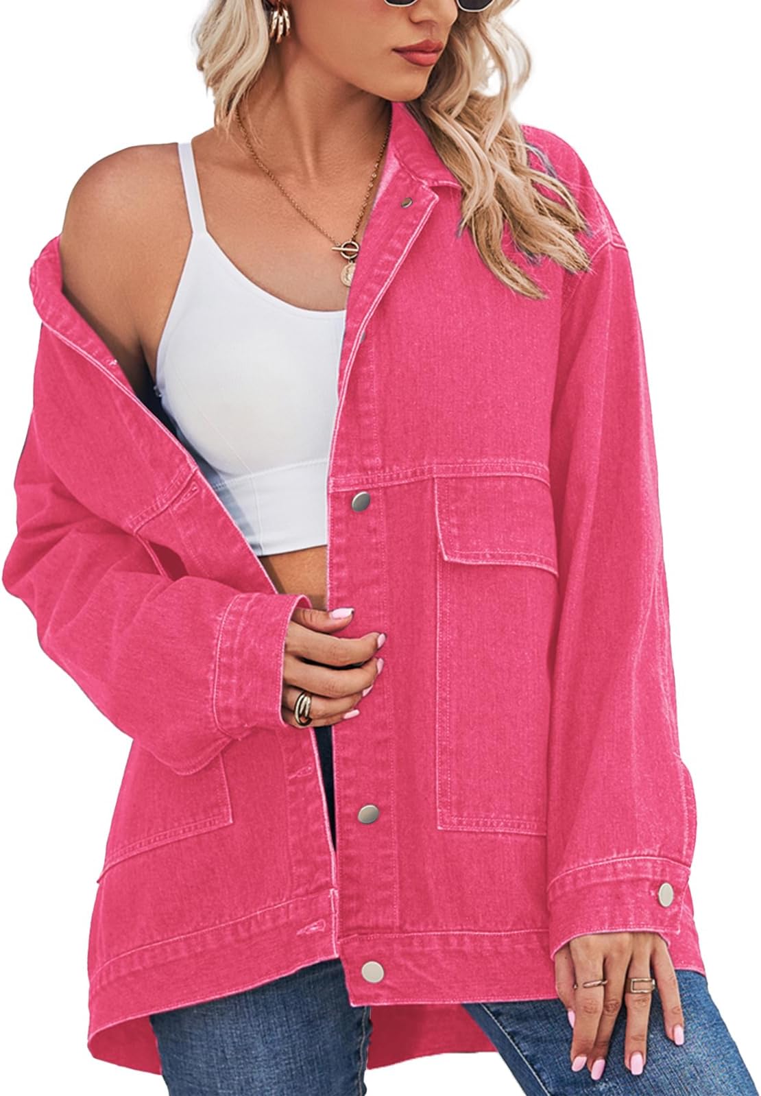 Women's Oversized Denim Jacket Casual Long Sleeve Vintage Jean Jacket Top Coat with Pockets