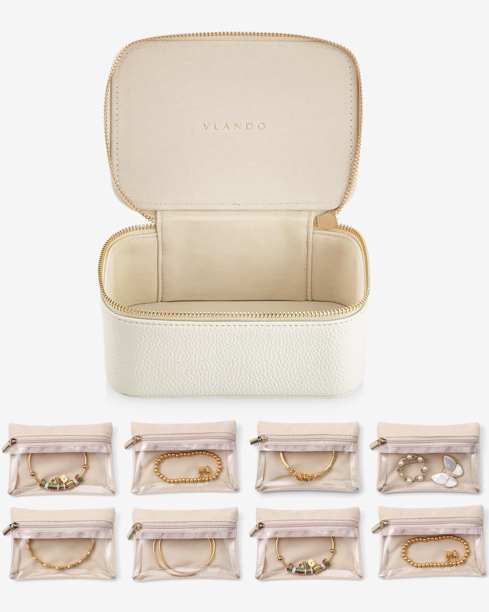 Vlando Travel Jewellery Box, PU Leather Jewellery Organiser with 8 Velvet Jewellery Pouch, Jewellery Case for Necklace,Ring,Earring,Watch, Gifts for Women - White M