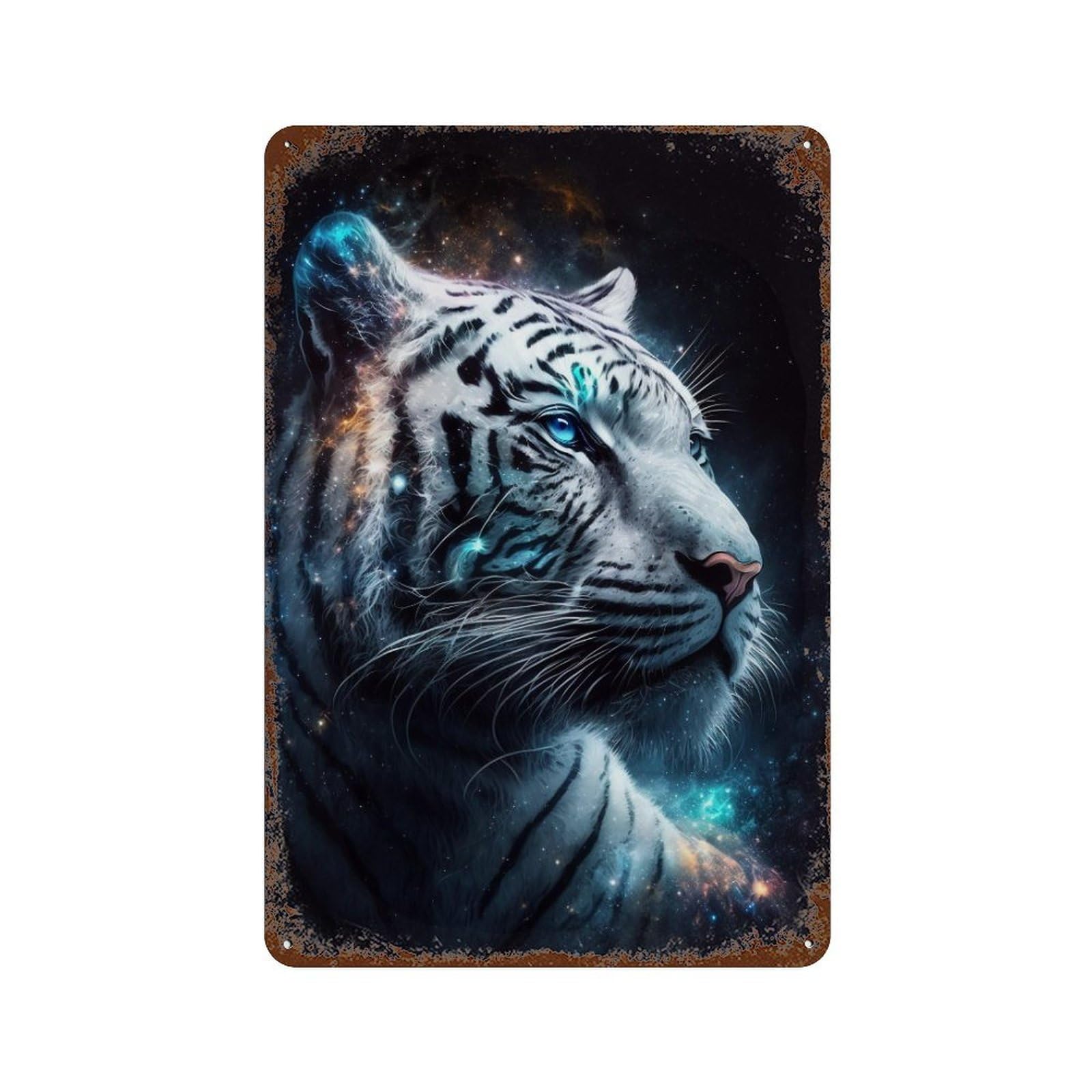 Cosmic Tiger Portrait-3 Distressed Metal Wall Sign 11.8"x7.9", Rustic Home Decor for Living Room, Hallway And Home Decor