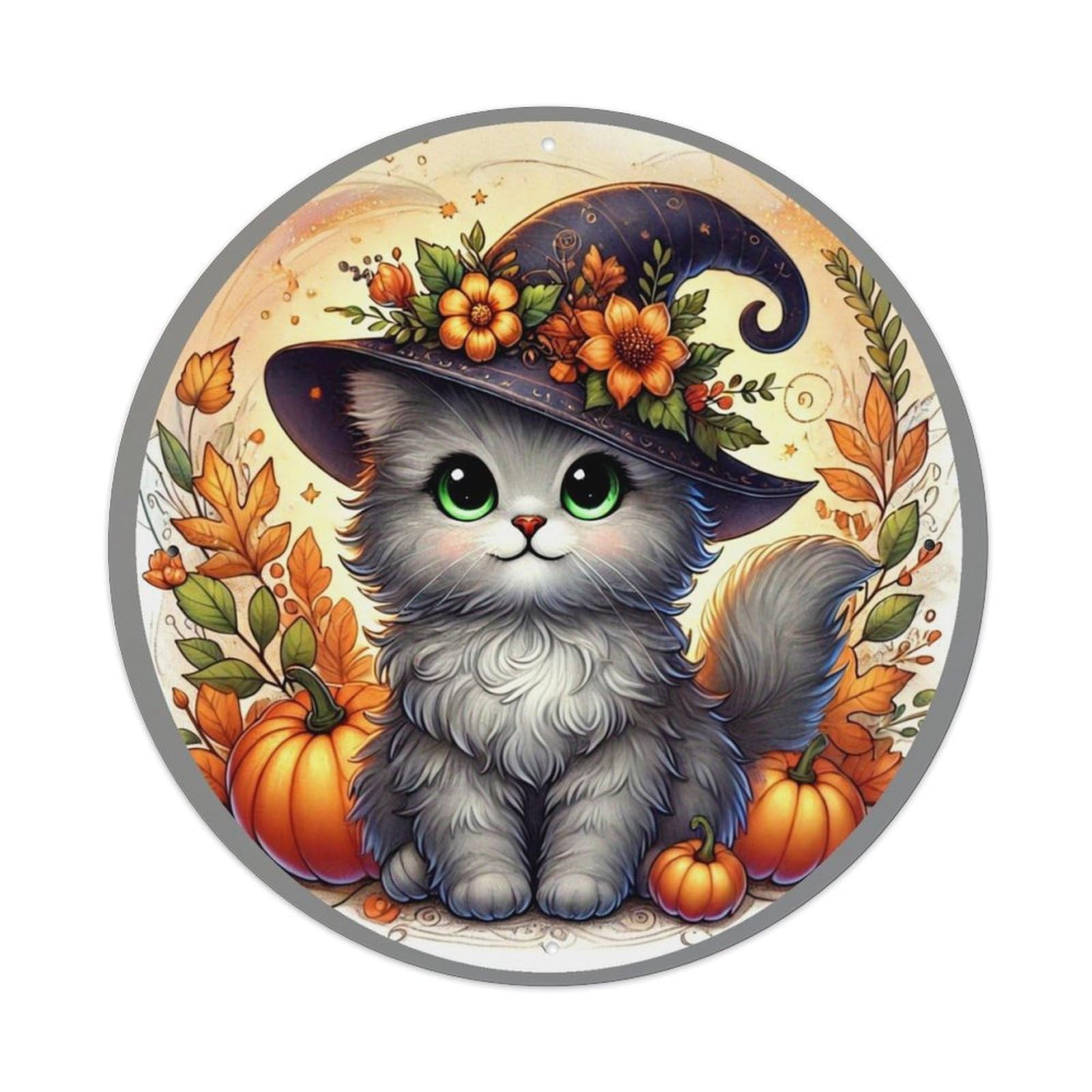Autumn Cat Witch Hat Pumpkins Retro Metal Sign Round Tin Sign, Vintage Decor Art Poster for Bar, Home, Man Cave, Kitchen, Laundry Room Gift 8x8Inch