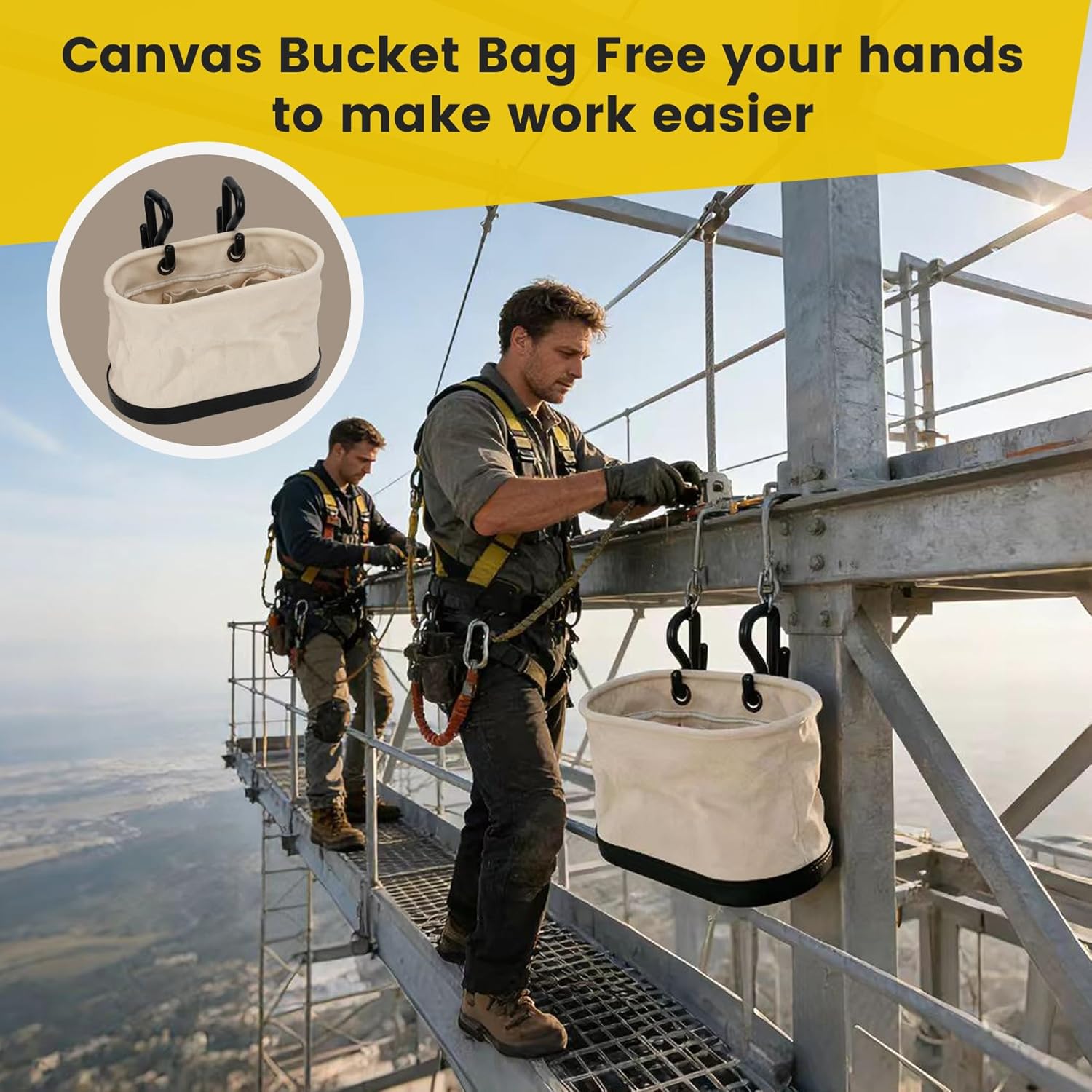 Oval Tool Bag,Canvas Bucket Bag,Hooks Aerial Oval Tool Bucket,Black Polypropylene Bottom 15 Pockets Lineman Oval Bag For Construction,Industrial Maintenance,Electricians,And Diy Projects
