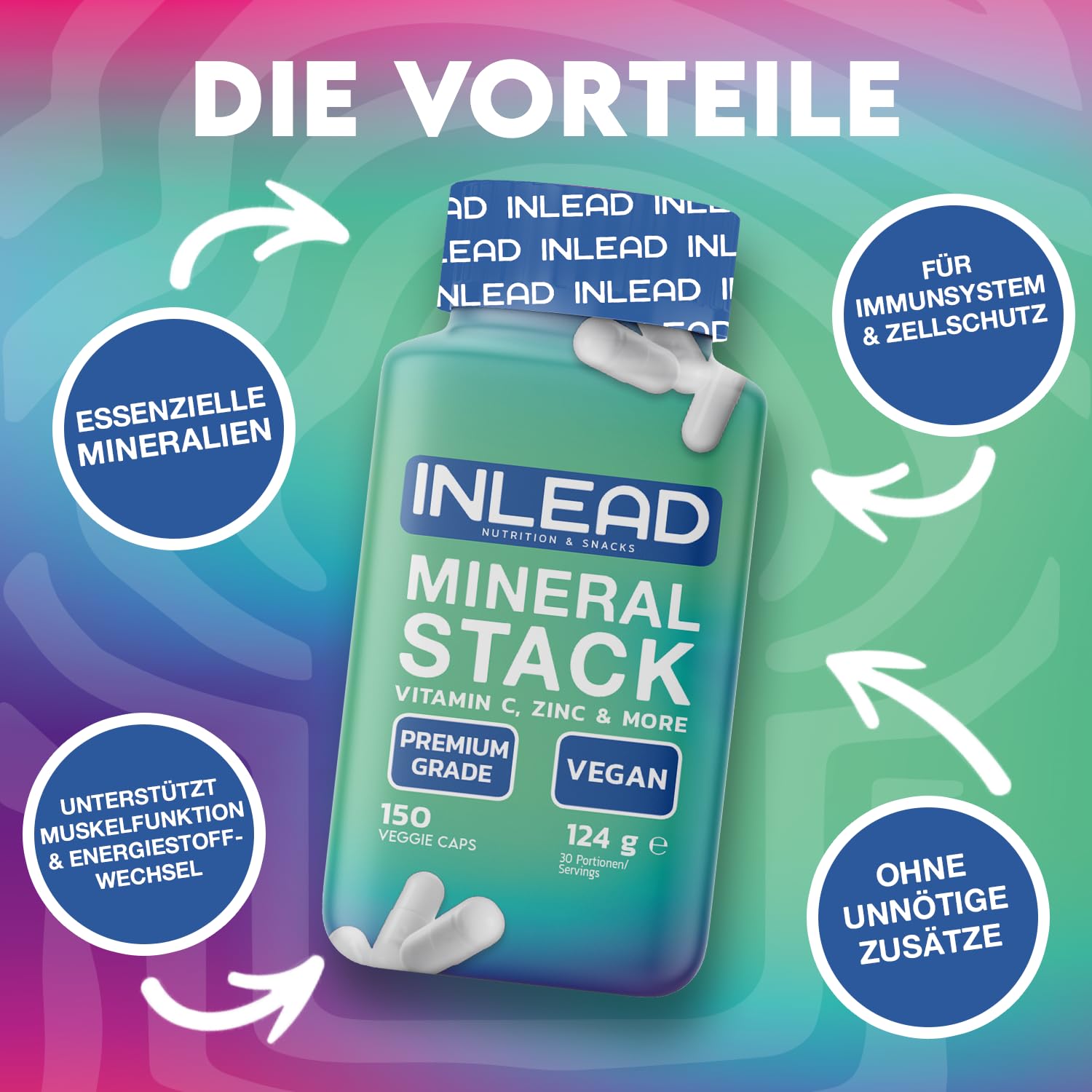 INLEAD - Mineral Stack | Hochwertige Mineral-Kapseln | Mit Mineralstoffen, Vitaminen und Spurenelementen - 150 Kapseln