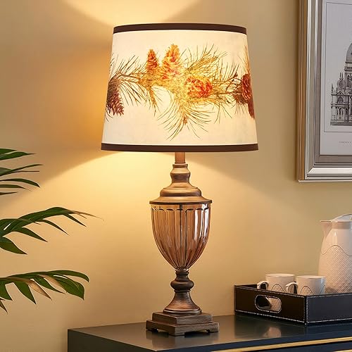 Miniatura 79 de Juego de 2 pantallas marrones, lámparas de mesa y pie de tela mediana, parte superior de 13 pulgadas x 11 pulgadas inferior x 10 pulgadas de alto