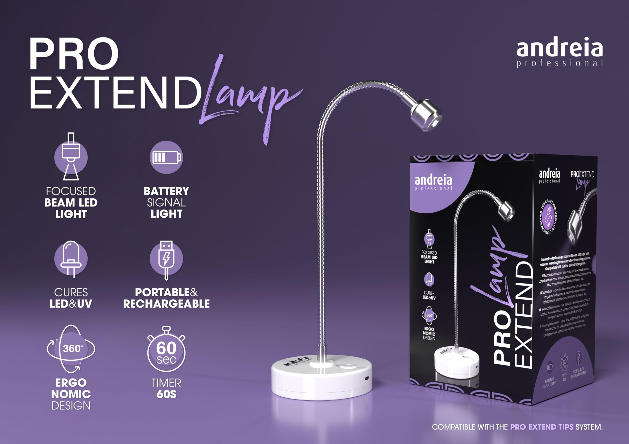 Andreia Lámpara profesional PRO EXTEND para manicura de uñas con movimiento de 360º - Compatible con puntas de uñas postizas PRO EXTEND - Cura LED y UV - 3 W