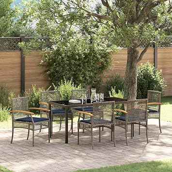 Modern Outdoor Dining Set 7-Piece with Cushions, Grey and Black Rattan Patio Furniture for Garden Terrace, Weather Resistant Table & Chairs for 6 Person Backyard