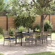 Modern Outdoor Dining Set 7-Piece with Cushions, Grey and Black Rattan Patio Furniture for Garden Terrace, Weather Resistant Table & Chairs for 6 Person Backyard