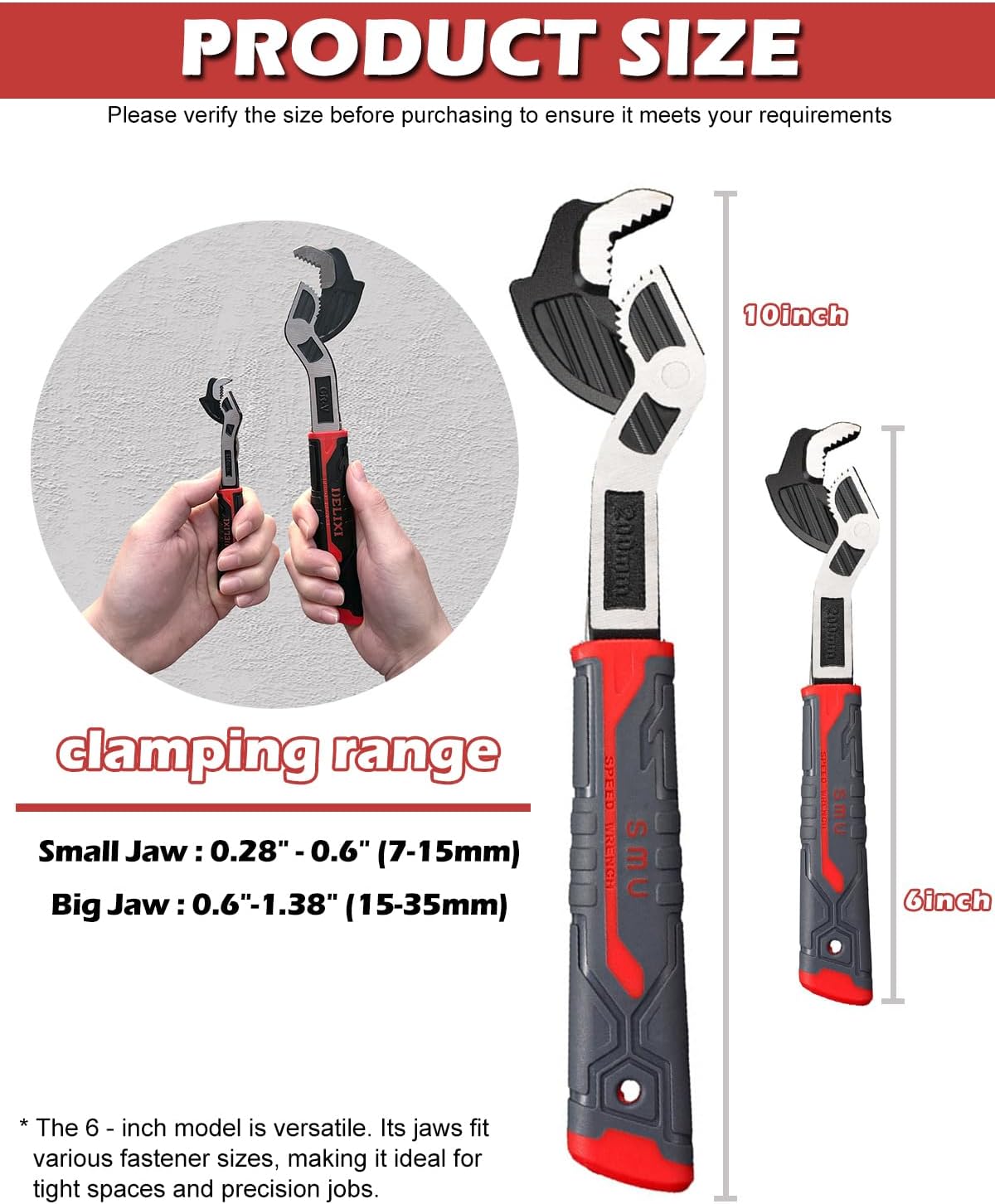 Adjustable Multi-function Self-locking Pipe Wrench Tool, Industrial Grade Heavy Duty Universal Soft Grip Plumbing Pipe Wrench, 6" 10" Self-Adjusting Quick Power Grip Pipe Wrench (2Pcs, 7-35 mm)