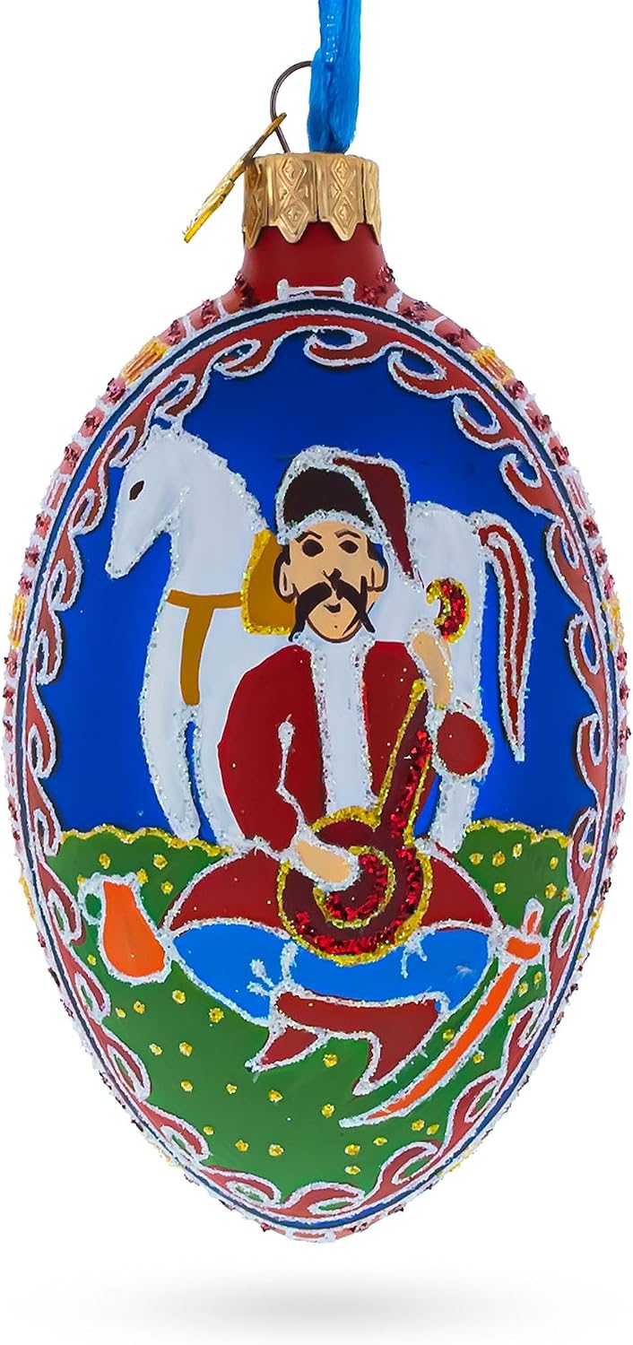Kozak with Kobza Ukrainian Glass Egg Ornament 4 Inches
