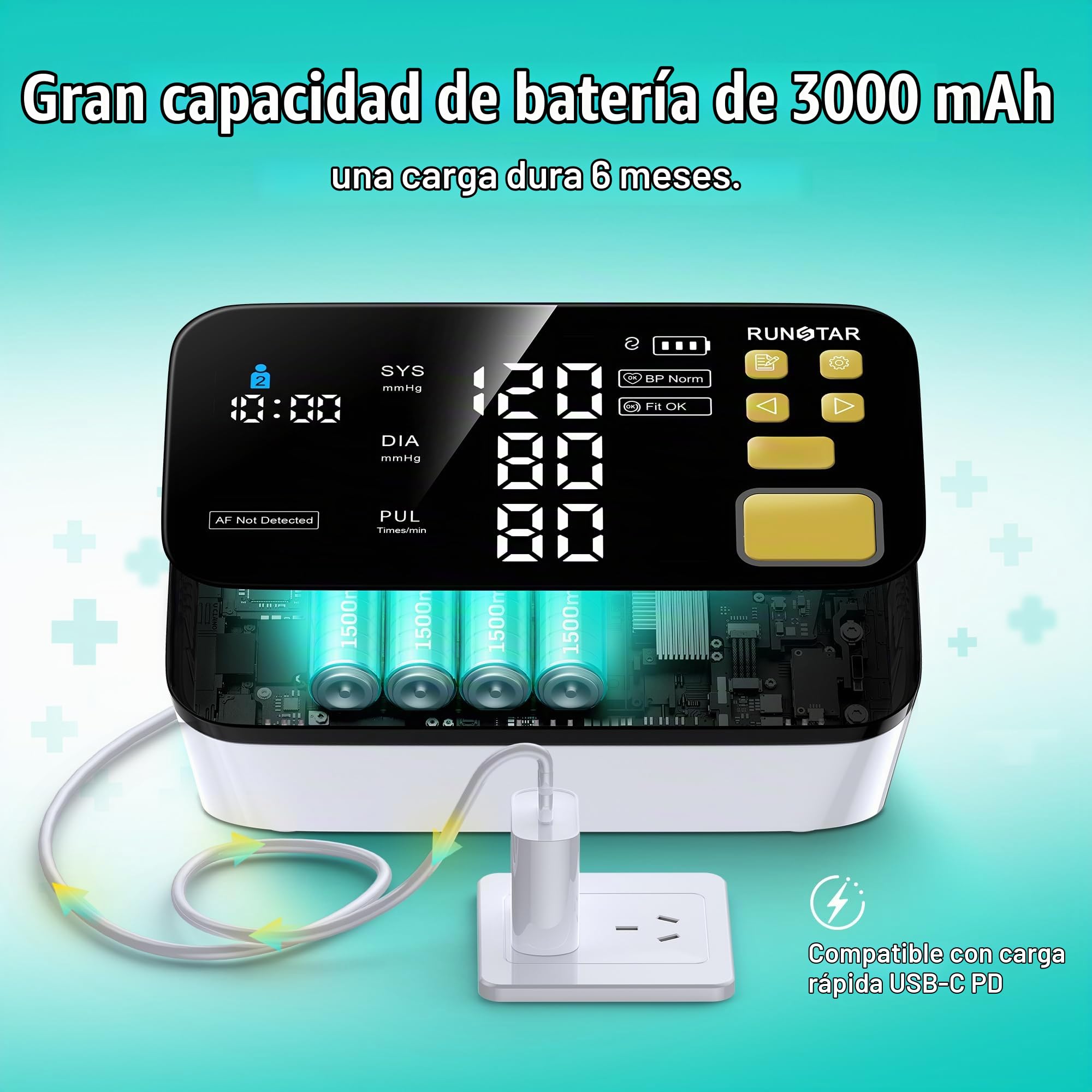 RunStar Tensiómetro inteligente para uso doméstico, con manguito ancho para el brazo, compatible con FSA y HSA, pantalla LED nítida de 6,5", detección de fibrilación auricular, conectividad con app