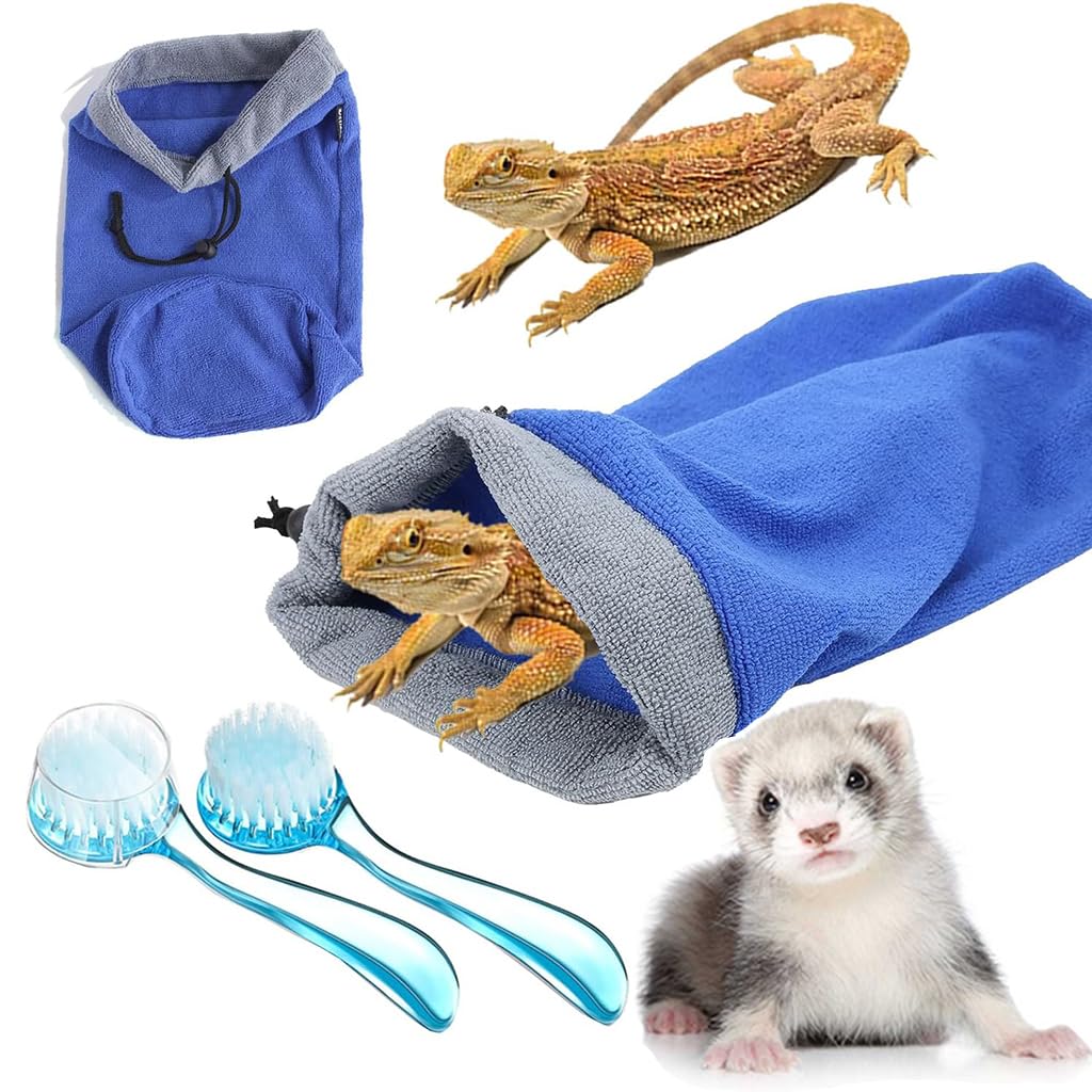 Bearded Dragon Bath Towel Brushes Fast Drying Absorbent Bag Groomming Set for Small Animal Hamster Rat Ferret Reptile Gecko Lizard (Blue)