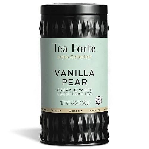 Tea Forte Té blanco orgánico de vainilla y pera, recipiente de té suelto que hace 35-50 tazas, té blanco orgánico Lotus, 2.46 onzas