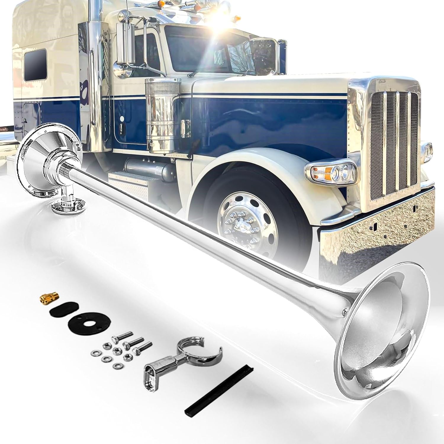 HIGHSOAR 12v Truck Air Horn 150DB Waterproof Chrome Plated Single Trumpet Horns Kit universal for Car Train Boat,25.1 inch