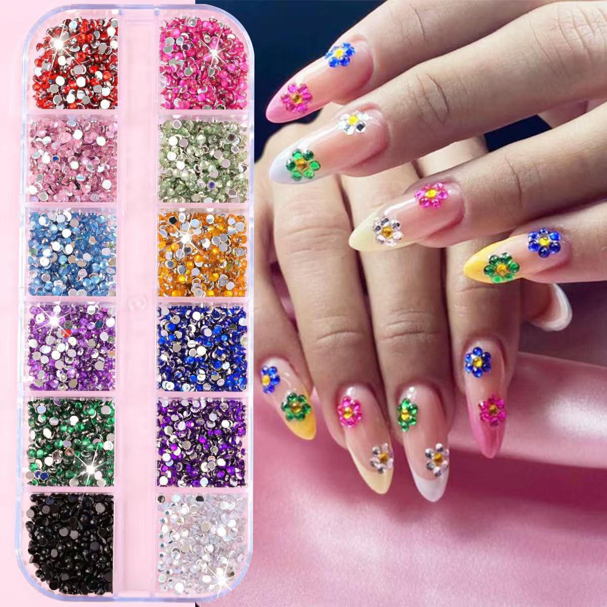 24Grid Shiny Colorful Nail Art Rhinestones 3D Flatback Rhinestones Pearl Nail Charms and Crystals Gems Nail Accessories for Acrylic Nail Tips Manicure Decor