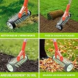 Scarificatore manuale con rulli, rastrello scarificatore con manico 170cm, arieggiatore per prato con ruote, rastrello da taglio in metallo da giardino, rimovibile, rastrello scarificatore regolabile - 5