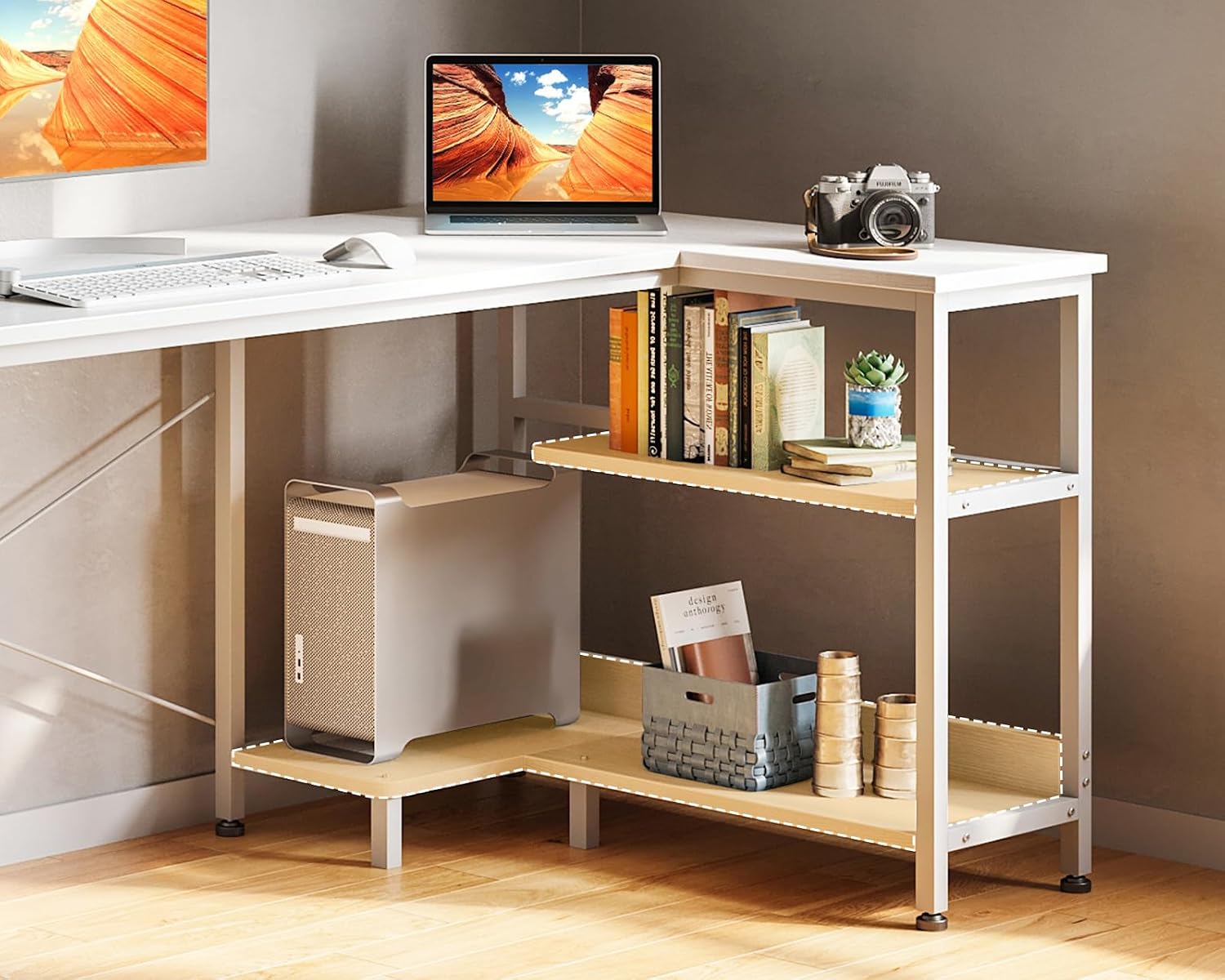 Close-up of the ODK L-Shaped Computer Desk's storage shelves and PC stand