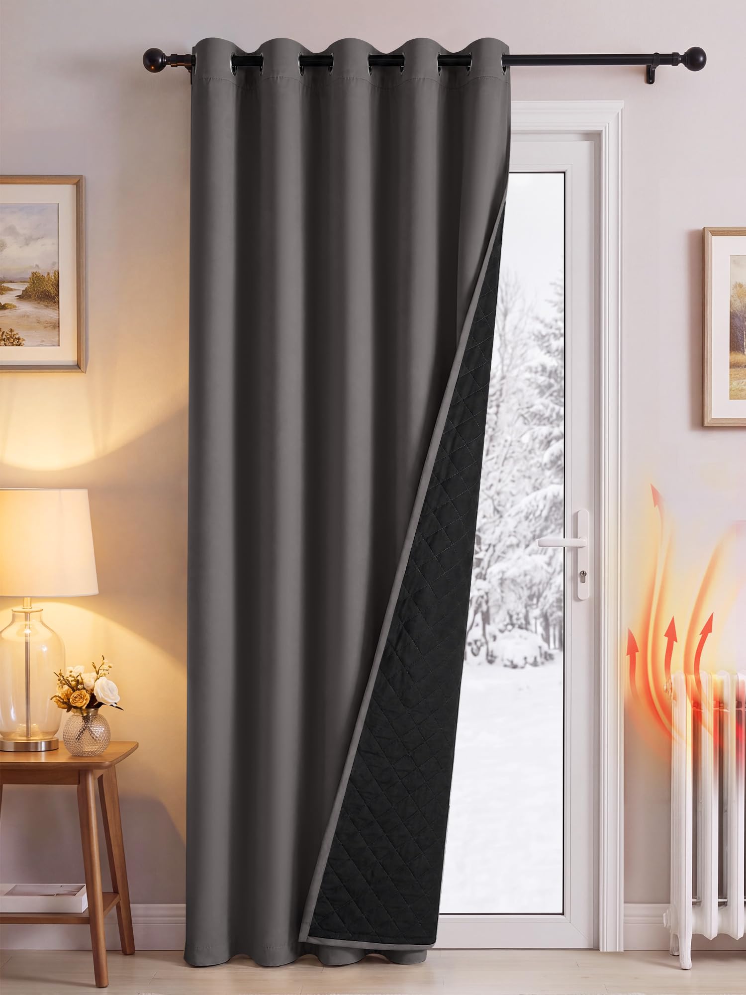 PONY DANCE Thermal Door Curtain with Quilted Black Lining, Grey, 60x90