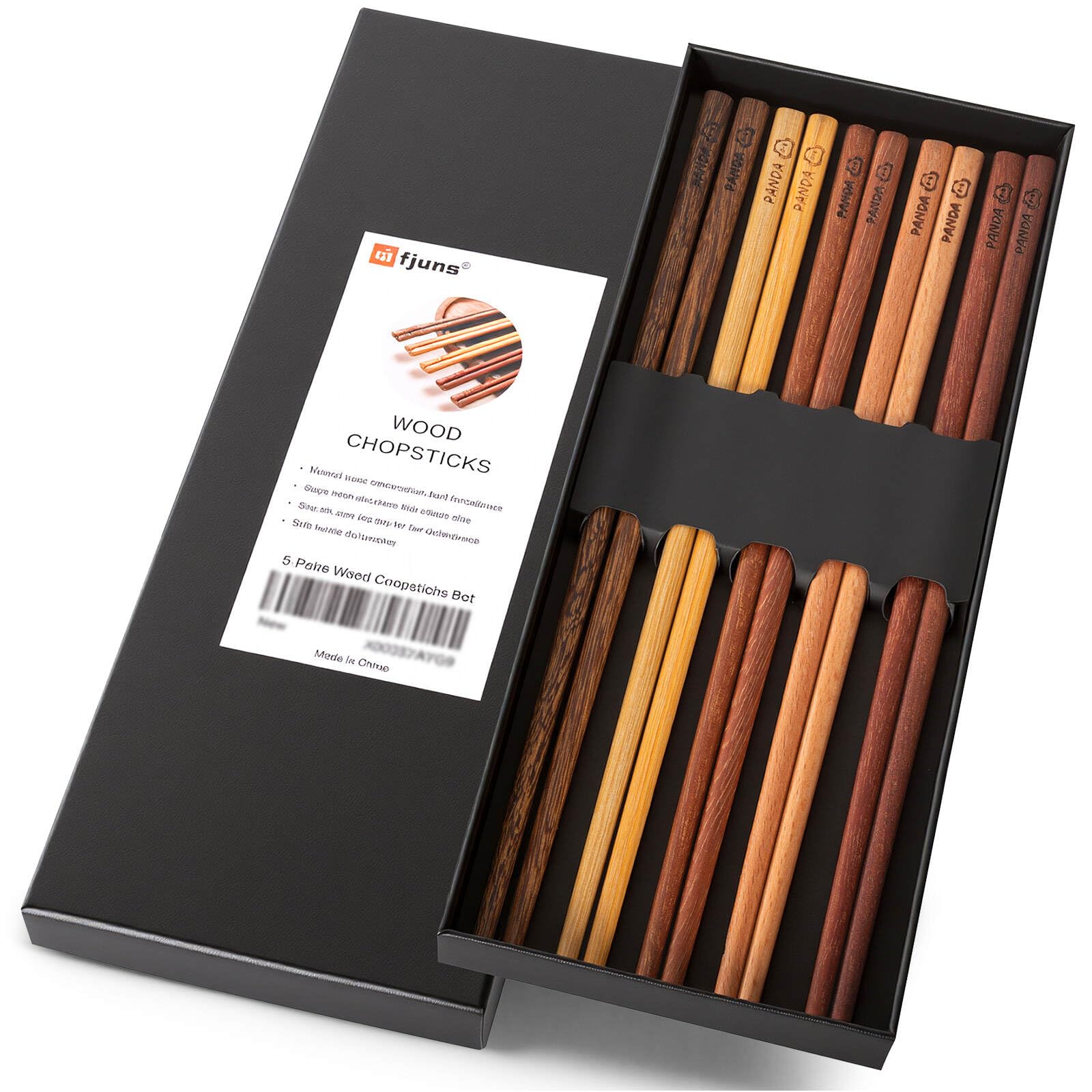 MFJUNS 5 Pairs Chopsticks Set, Panda Engraved Reusable Wooden Chopsticks