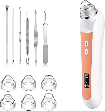 Facial Pore Blackhead Remover Vacuum, 1080P Camera Blackhead Remover, 20x Zoom, 8 LEDs & 3 Suction Modes, 800mAh Battery & USB - 6 Heads Pore Cleaner Kit for Women&MenOrange
