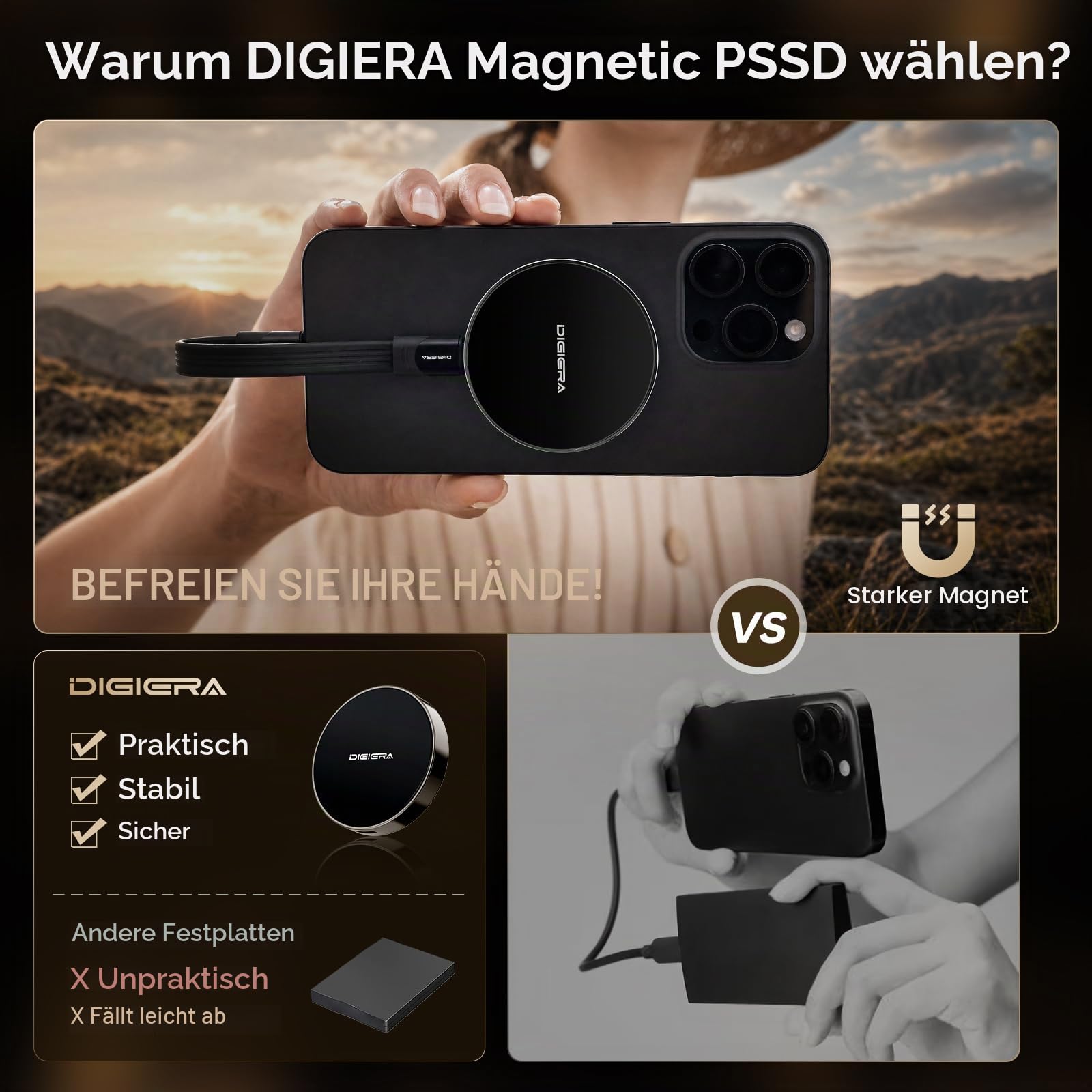 DIGIERA 1TB Magnetische Tragbare SSD, Externe Festplatte Mit USB-C 3.2 Gen 2x2, Geschwindigkeit Bis Zu 2000 MB/S, Kompatibel Mit iPhone 15/16 Series,PC/Laptop, und Anderen USB-C-Geräten,Schwarz