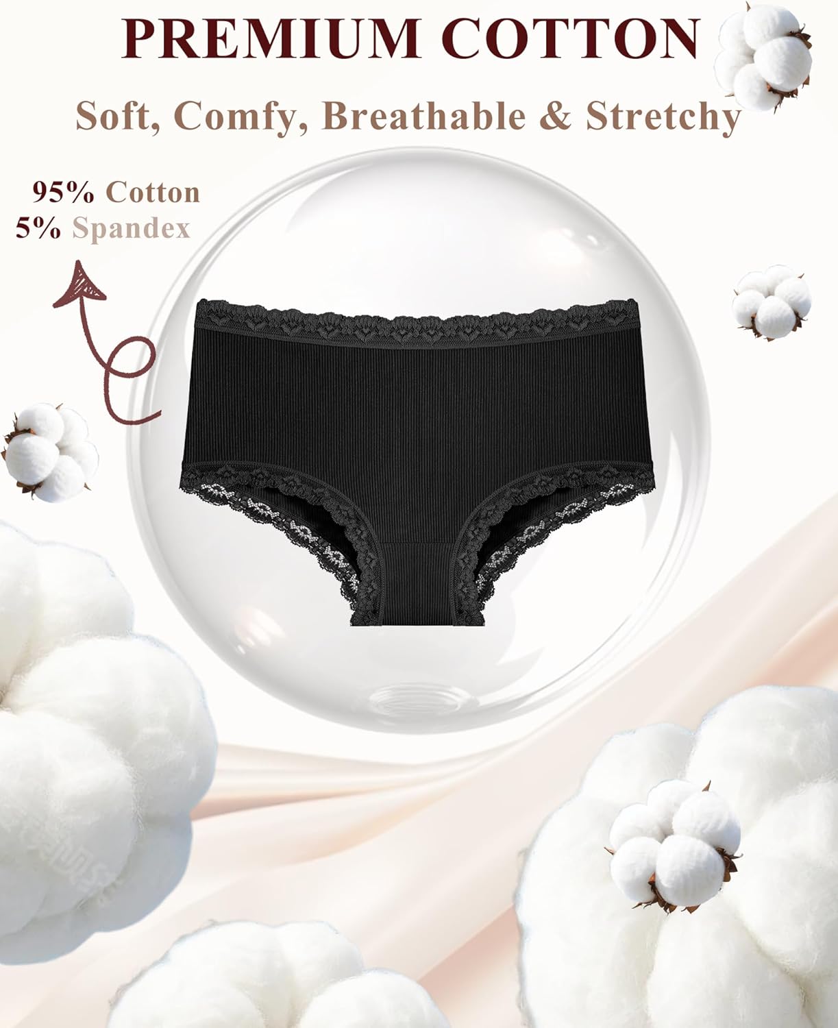 FINETOO Cotton Underwear for Women Sexy Boy Shorts Breathable Cheeky Lace Trim Panties Womens Underwear 6 Pack - Image 2