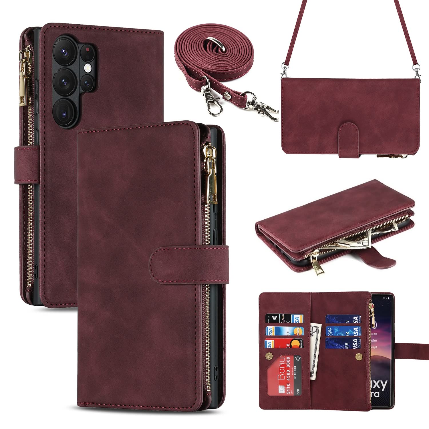 iCoverCase for Samsung Galaxy S23 Ultra Wallet Case with Card Holder, Kickstand Feature PU Leather Case with Adjustable Crossbody Lanyard Magnetic Clasp Zipper Pocket Flip Cover (Claret)