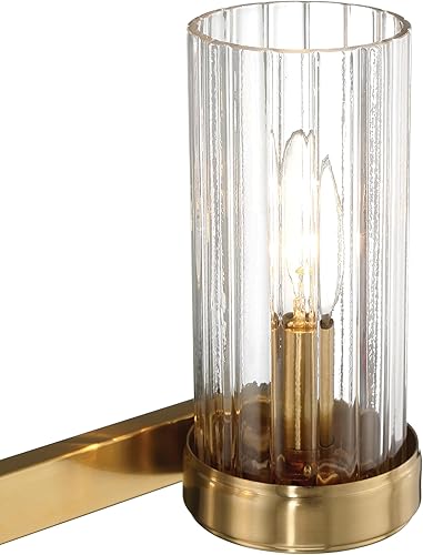 Miniatura 5 de Izzy - Lámpara de tocador de 3 luces de metal y vidrio transparente acanalado, oro cepillado