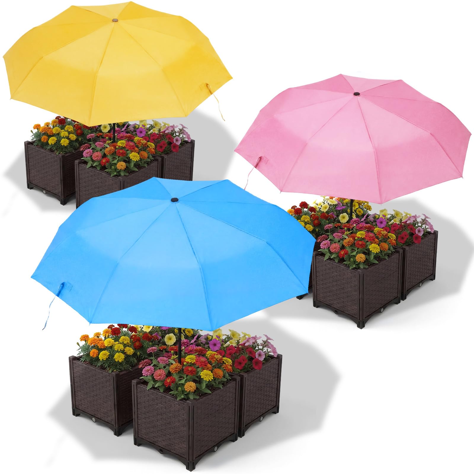 Photo 1 of **MISSING ONE UMBRELLA** Sunnymove 3 Pcs 38 Inch Large Plant Umbrellas for Outdoor Plants Garden Shade Cover Sun Protection Folding Umbrella Space Saving Garden Umbrella for Potted Plants Bed Flower Pot (Pink,Blue,Yellow)