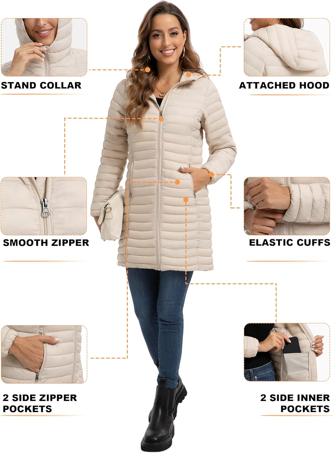 ROYAL MATRIX Packable Puffer Jacket for Women Lightweight Hooded Quilted Long Travel Puffer Coat - Image 4