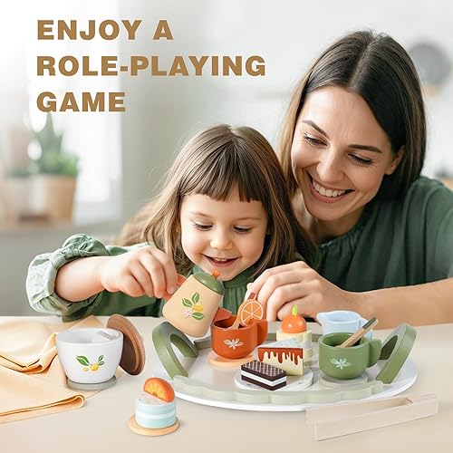Miniatura 6 de Dreamon Juego de té de madera para niños pequeños de 3 a 5 años, regalo de cumpleaños para niñas, juegos de juguetes de comida para niños de 3, 4,