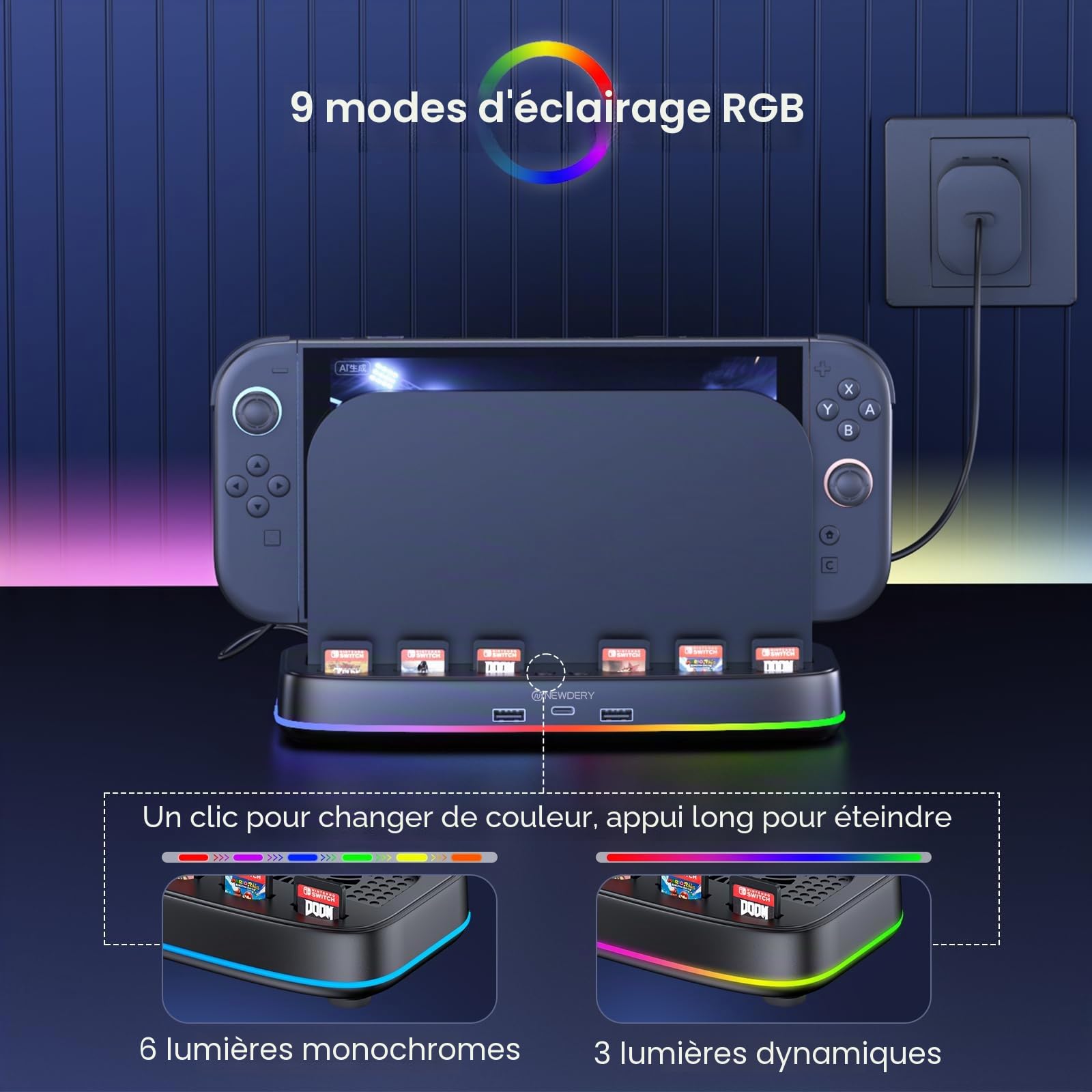 NEWDERY Ventilateur de refroidissement pour Nintendo Switch 2 Dock avec double ventilateur, 3 vitesses réglables, mode RVB, 6 emplacements pour cartes et 3 ports USB