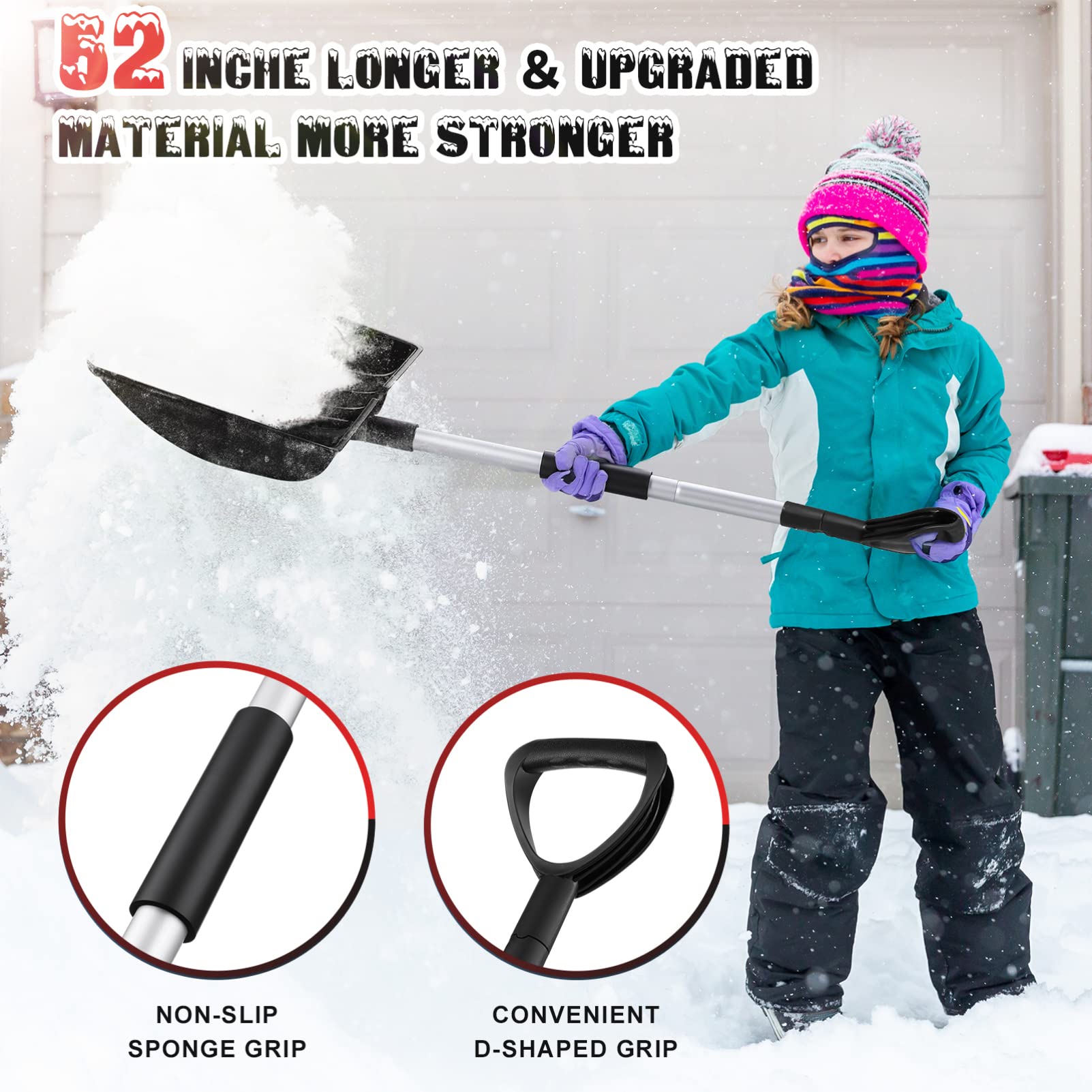 BESPORTBLE Ergonomischer Schneeschieber mit D-Griff aus Aluminiumlegierung rutschfest und Stabil für Garten und Hof Große Kapazität zur Schneeräumung