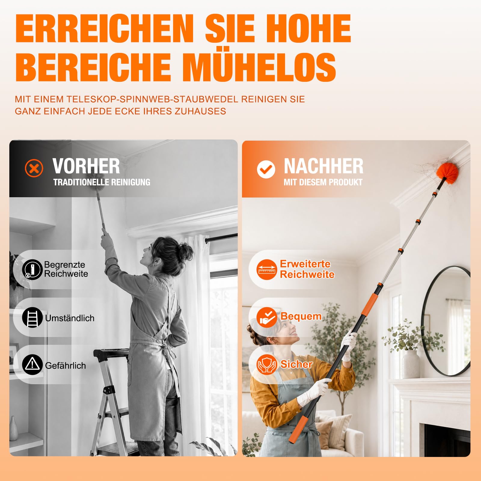 LAANPOLE 6m Staubwedel Teleskop Waschbar, Spinnenwebenentferner zum Reinigen, Spinnwebenbesen mit Teleskopstiel für Decken, Ecken, Spinnweben, für den Außen- und Innenbereich Geeignet